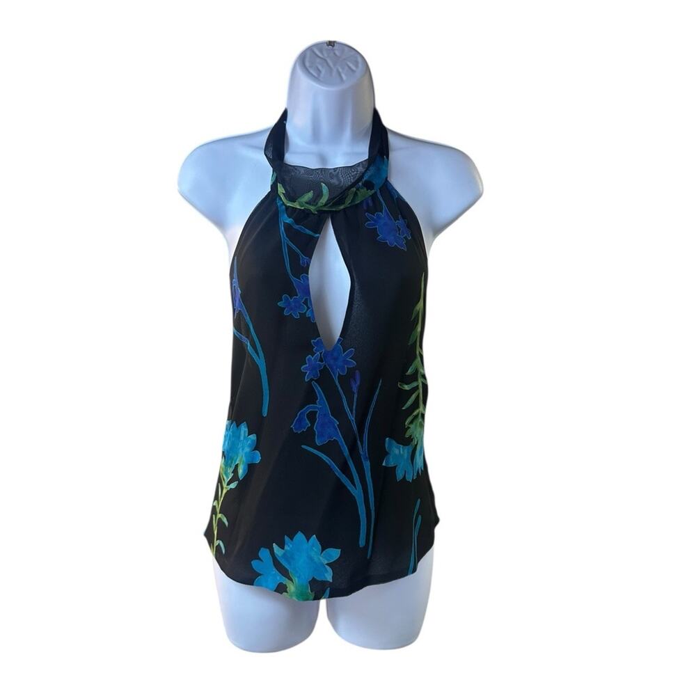 Cache Floral Keyhole Halter Top Sheer Black Blue Green Tie Back Y2K Sz 12